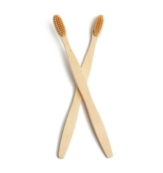 Two Wooden Toothbrushes White Background Plastic Rejection Concept Zero Waste — Stock Photo, Image