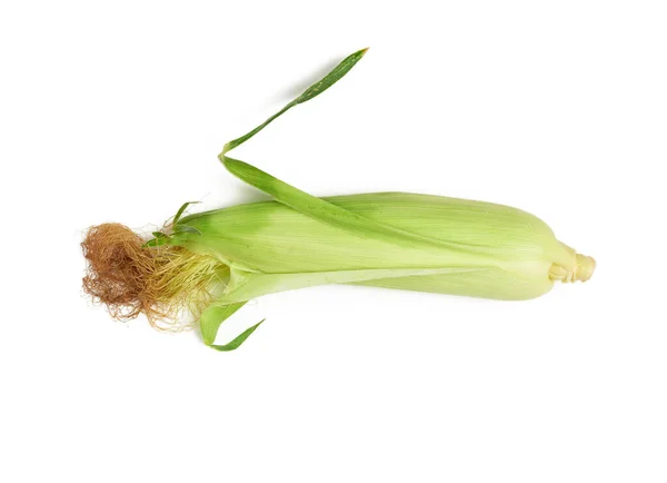 Fül Kukorica Zöld Levelek Elszigetelt Fehér Háttér Felső Nézet — Stock Fotó