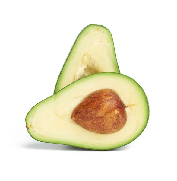 Half Rijp Groen Avocado Met Een Bruine Steen Geïsoleerd Een — Stockfoto