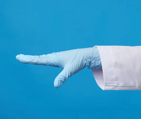 Medic Woman White Coat Wearing Blue Sterile Gloves Showing Hand — Stock Photo, Image
