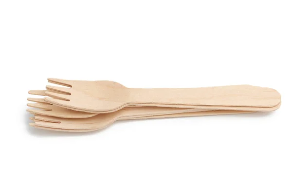 Jednorázové Dřevěné Vidličky Pro Rychlé Občerstvení Piknik Izolované Bílém Pozadí — Stock fotografie