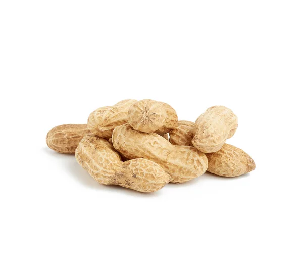 Haufen Erdnüsse Der Schale Lebensmittel Isoliert Auf Weißem Hintergrund Nahaufnahme — Stockfoto