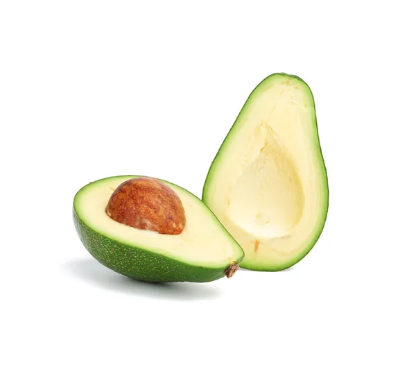 Half Rijp Groen Avocado Met Een Bruine Steen Geïsoleerd Een — Stockfoto