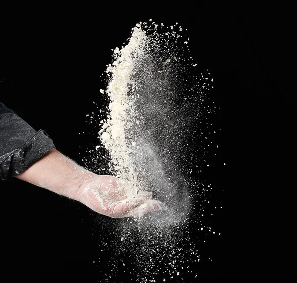 Baker Hand Throws Handful White Wheat Flour Black Background Particles — Stock Photo, Image
