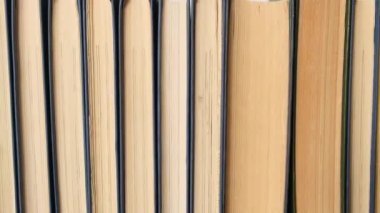 Kitaplık çeşitli kitaplar, öğrenme konsepti, okul arka planına geri dönüş, kamera hareketi yana, kapat