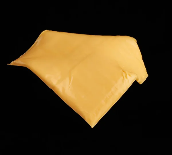 Morceau Carré Fromage Cheddar Isolé Sur Fond Noir Ingrédients Pour — Photo