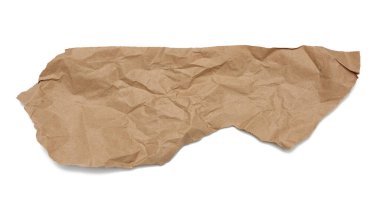 beyaz arkaplanda izole edilmiş buruşuk kahverengi kağıt parçası, tasarımcı ögesi