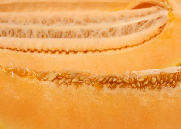 Texture Yellow Ripe Melon Flesh Seeds Close — Stock Photo, Image