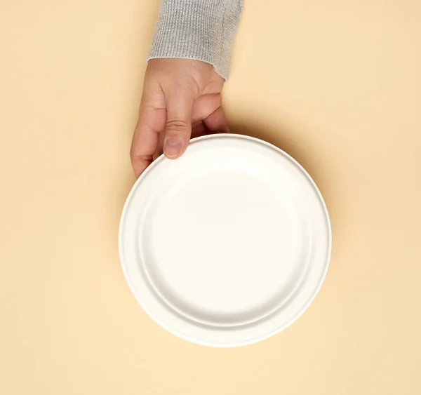 White Paper Disposable Plate Beige Background Top View Concept Rejection — Stock Photo, Image