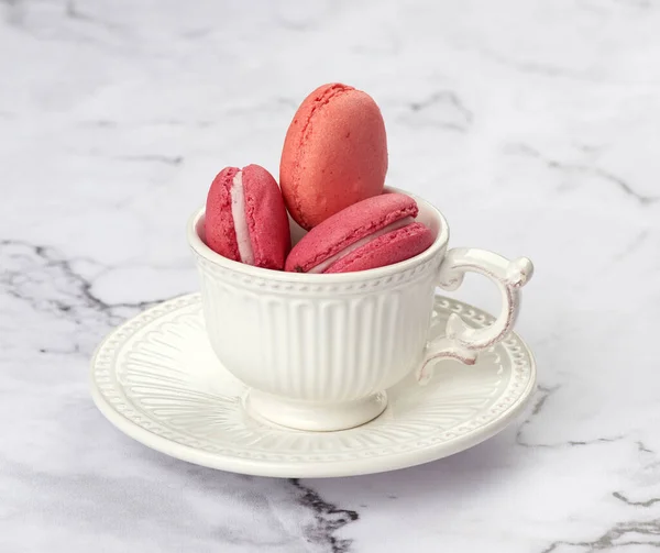 Baked Macarons White Ceramic Cup Table Morning — Stock Photo, Image