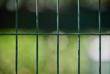 Bulanık yeşil arkaplanı olan yeşil metal ağ çitinin yakın plan görüntüsü..