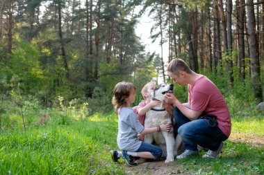 İki küçük oğlu yürüyüş ile onların köpek yaz ormandaki baba ve eğlenin