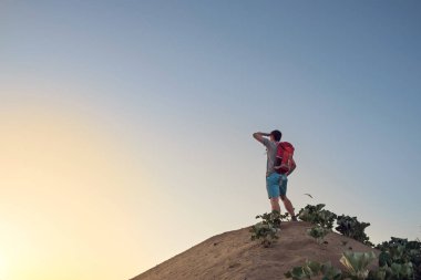 turuncu sırt çantası ile seyahat etmek tepe üzerinde duruyor ve günbatımı, mavi gökyüzü arka plan seyir, arkadan görüntüleyin
