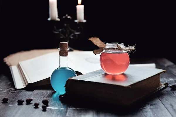 Magic Wizardry Concept Set Sorcery Book Magic Potions Candles Table — Stock Photo, Image