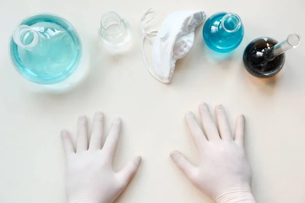 Top View School Chemistry Lab Set Hands — Stock Photo, Image