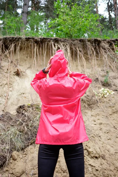 Woman in pink raincoat walking the log in forest. Portrait from back. Contrast colors.