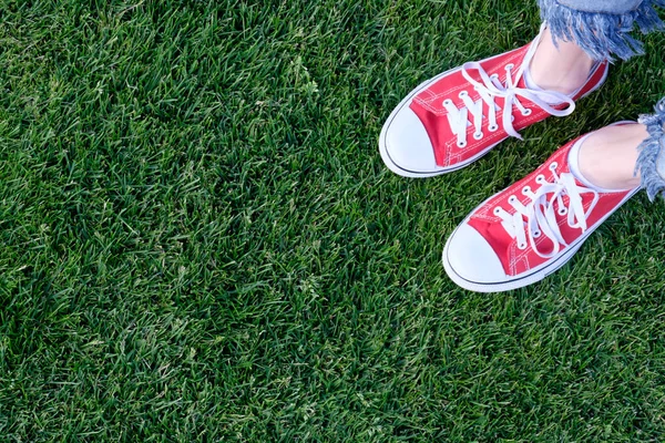 Πόδια Του Κοριτσιού Κόκκινο Πάνινα Παπούτσια Έναν Χορτοτάπητα Δες Από — Φωτογραφία Αρχείου