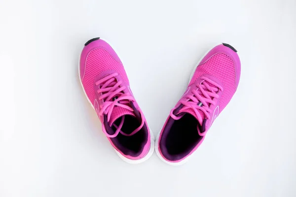 Concept Run Sapatos Corrida Rosa Para Mulheres Fundo Branco Vista — Fotografia de Stock