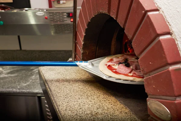 Chef Prepares Pizza Traditional Brick Oven Stock Photo