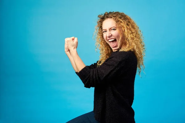 Elated Satisfied Young Redhead Curly Woman Celebrating Cheering Success While — Stock Photo, Image