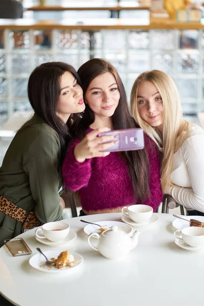 Freundinnen haben Spaß im Café, trinken Tee und machen Selfie — Stockfoto