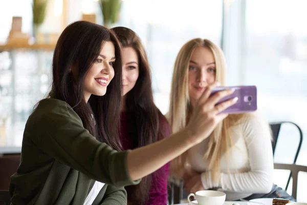 Freundinnen haben Spaß im Café, trinken Tee und machen Selfie — Stockfoto