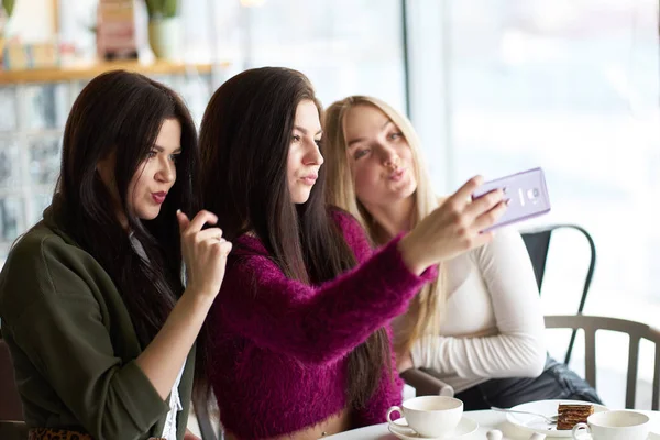 Freundinnen haben Spaß im Café, trinken Tee und machen Selfie — Stockfoto