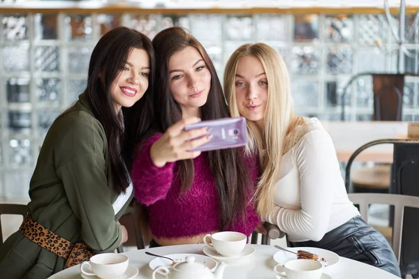 Freundinnen haben Spaß im Café, trinken Tee und machen Selfie — Stockfoto