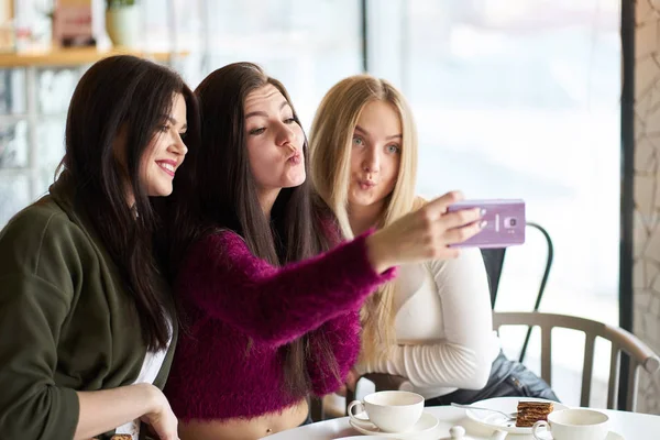 Freundinnen haben Spaß im Café, trinken Tee und machen Selfie — Stockfoto