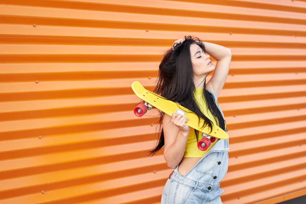 Happy joyful sensual brunette girl with long hair and closed eye — Stock Photo, Image