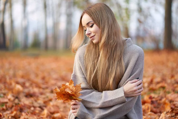 Retrato Outono Menina Bonita Com Sorriso Encantador Cabelo Bonito Longo — Fotografia de Stock