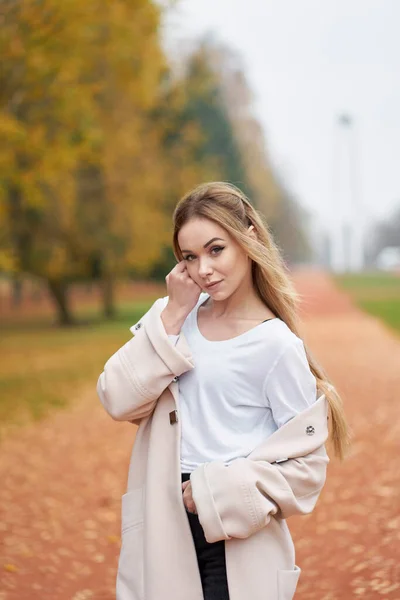 Herbstporträt Einer Schönen Jungen Frau Elegantem Mantel Weißem Hemd Und — Stockfoto