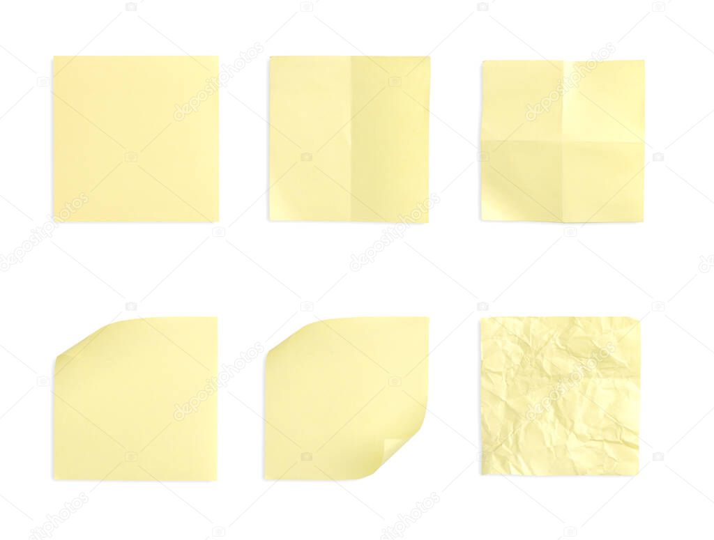 collection yellow color post it paper with creases and curling on a white background. clipping path.