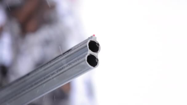 A close-up of the double-barrel rifle. Mans hand hold a double-barrel rifle and show sighting tools — Stock Video