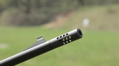 Panorama görünümü Carbine kadar yakın. El tutmak bir karabina mans