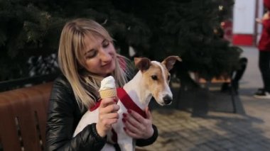 Ağır çekim. Neşeli kız köpeğini bankta oturuyor ve poz dondurma ile. kadın köpek okşama