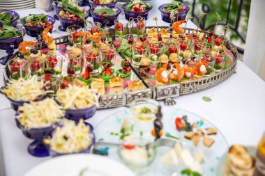 Hafif atıştırmalıklar, domuz yağı, peynir, et, sos, domates ile canap s. Aperatifler için parti veya Resepsiyon