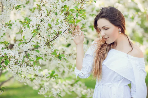 Young Beautiful Blonde Woman Blooming Almonds Garden White Flowers — Stock Photo, Image