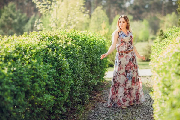 Portrait Young Woman Enjoying Spring Green Field Blooming Trees — Stock Photo, Image