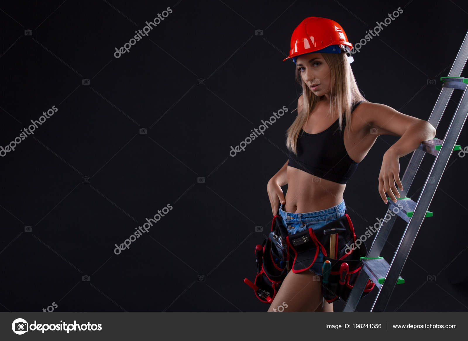 Sexy Construction Female Worker Ladder Black Background Woman Wearing Construction Stock Photo by ©sherbak.volodymir.gmail 198241356 image
