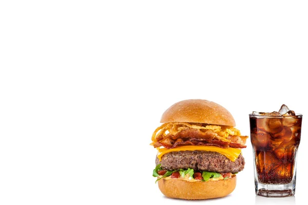 Fresh Tasty Burger Cola Glass Isolated White Background Copyspace — Stock Photo, Image