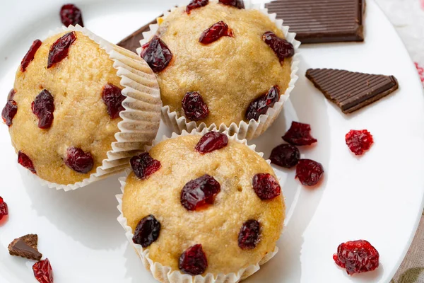 Platter Homemade Vegan Pumpkin Muffins Chocolate Dried Cherries Breakfast — Stock Photo, Image