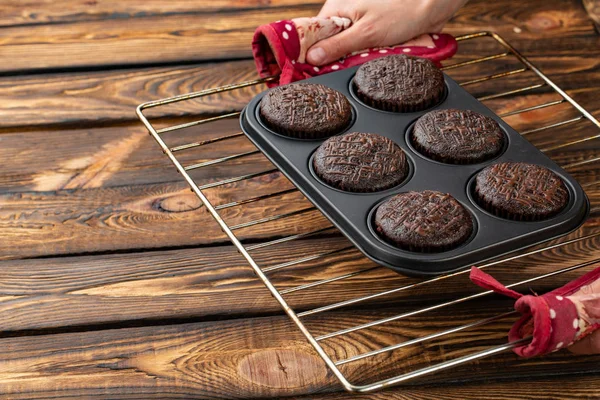 Chocolate Muffins with Chocolate Drops. Homemade chocolate pastry for breakfast or dessert on broun wooden background