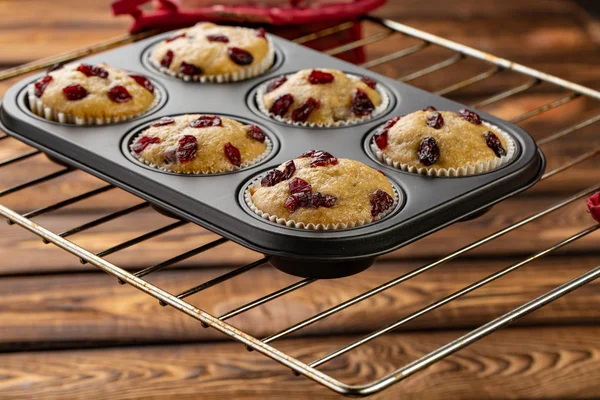 Fresh homemade muffins with dried cherry in bakeware on broun wooden background