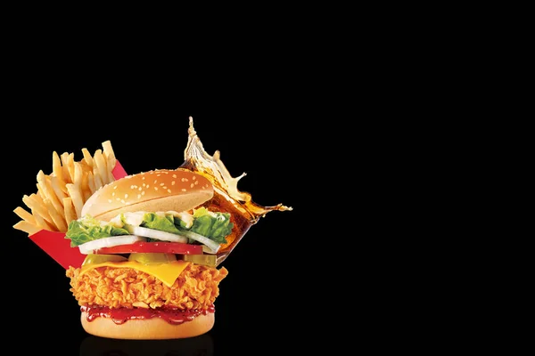 Fast Food Menu Hamburger French Fries Glass Cola Black Background — Stock Photo, Image