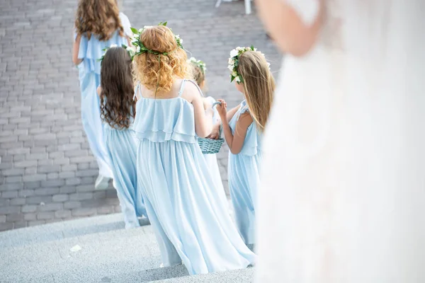 Pequenas Damas Honra Grinaldas Flores Caminham Longo Caminho Para Altar — Fotografia de Stock