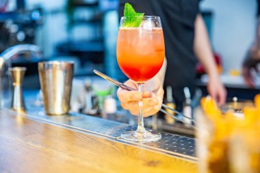 Barmen onun kokteyl nane ile dekorasyon bitirdi. turuncu buzla kokteyl