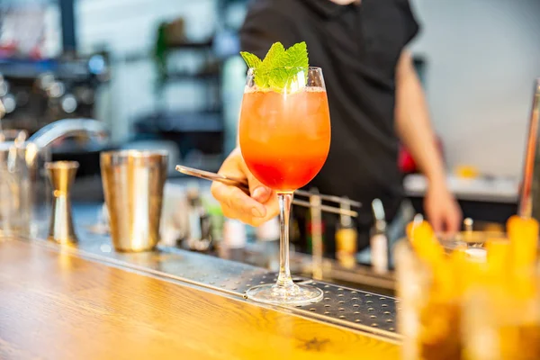 Barmen onun kokteyl nane ile dekorasyon bitirdi. turuncu buzla kokteyl