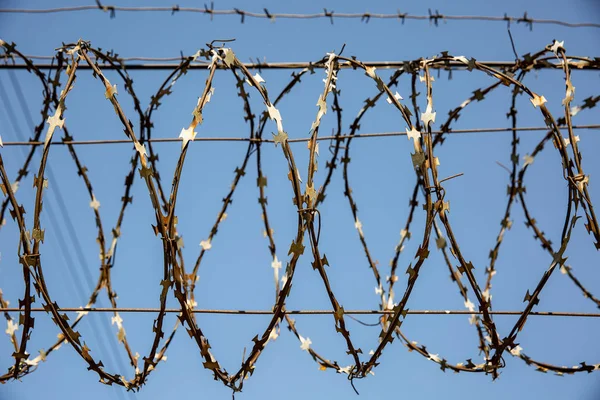 Barbed wire against the blue sky. Barbed wire on fence with blue sky to feel worrying.