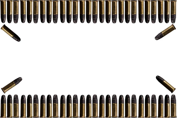 行頭文字と白い背景の上のシェル弾丸 白い背景に分離された銃の 弾のグループ 白い背景の上の弾薬 四角形の行頭文字 — ストック写真